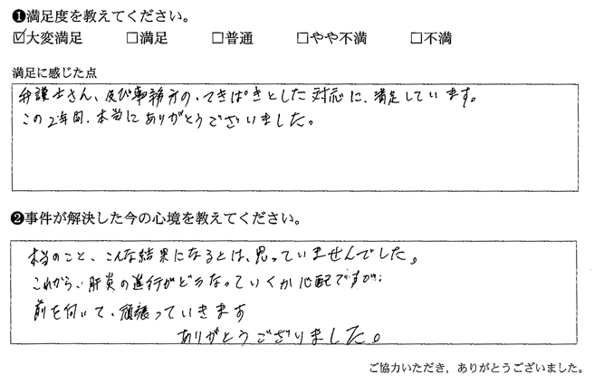 弁護士さん、及び事務方のてきぱきとした対応に、満足しています