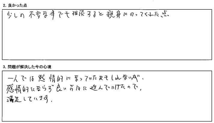 感情的にならず良い方向に進んでいけたので、満足しています